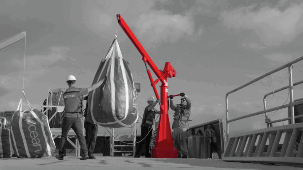 Grayscale image with a red Thern crane in the center.